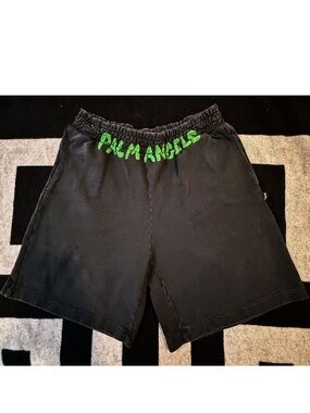 Palm Angels Black Shorts with Neon Green Waist Logo